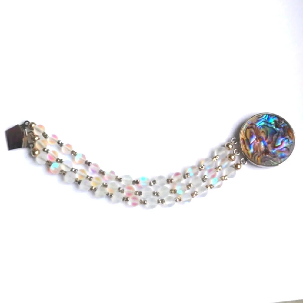 Abalone & Iridescent Mermaid  Quartz Beaded Bracelet. 3 Strand. Silverplate, New